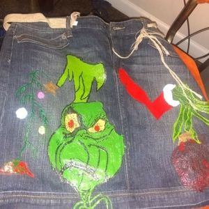 Handpainted grinch denim skirt